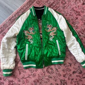 Reversible Green and White Dragon Embroidered Bomber Jacket